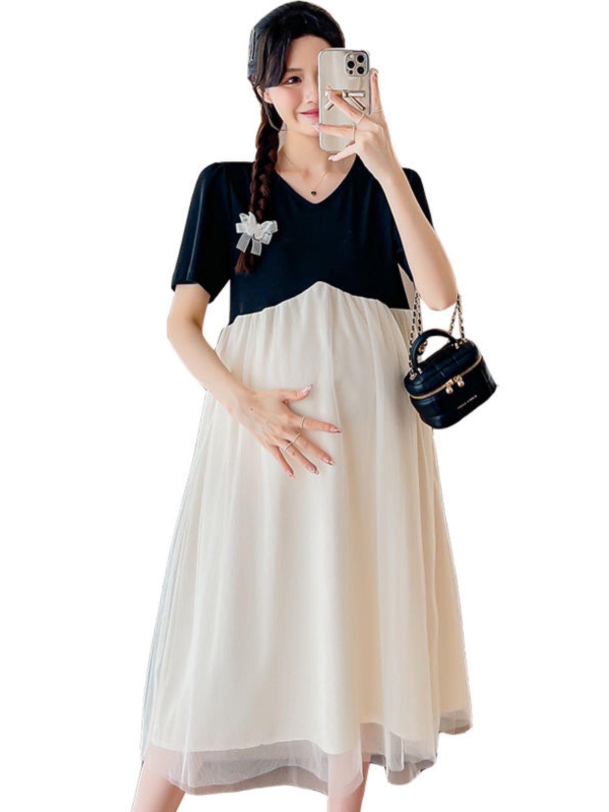 MATERNITY DRESSES SUMMER NEW MID-LENGTH V-NECK SHORT SLEEVES FASHIONABLE CASUAL PREGNANT MOM WEAR DRESS MATERNITY DRESS