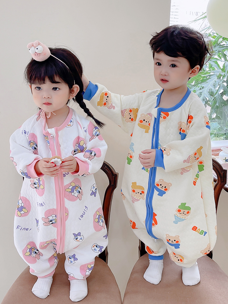 GIRLS ONE-PIECE PAJAMAS SPRING AND AUTUMN COTTON BOYS BABY BABY SPLIT LEGS LONG SLEEVES ONE-PIECE CHILDRENS WINTER LOUNGEWEAR