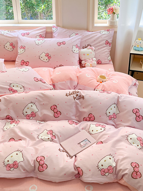 Hellokitty children's four-piece set pure cotton girl kidie cat bed sheet quilt cover full cotton dormitory bed three-piece set