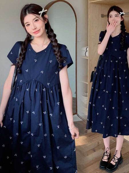孕妇装夏季宽松减龄刺绣连衣裙2026新款小个子高腰显瘦中长款裙子 — 4