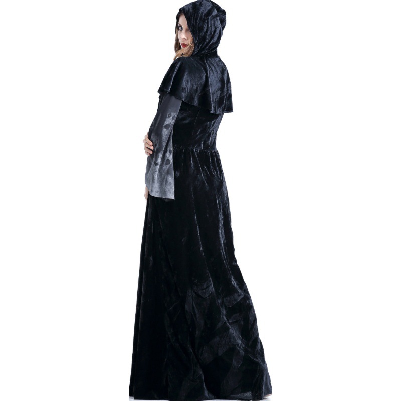 Item No. 1366 Halloween Skull Print Witch European and American Style Long Vampire Queen Performance Costume Hooded Long Dress