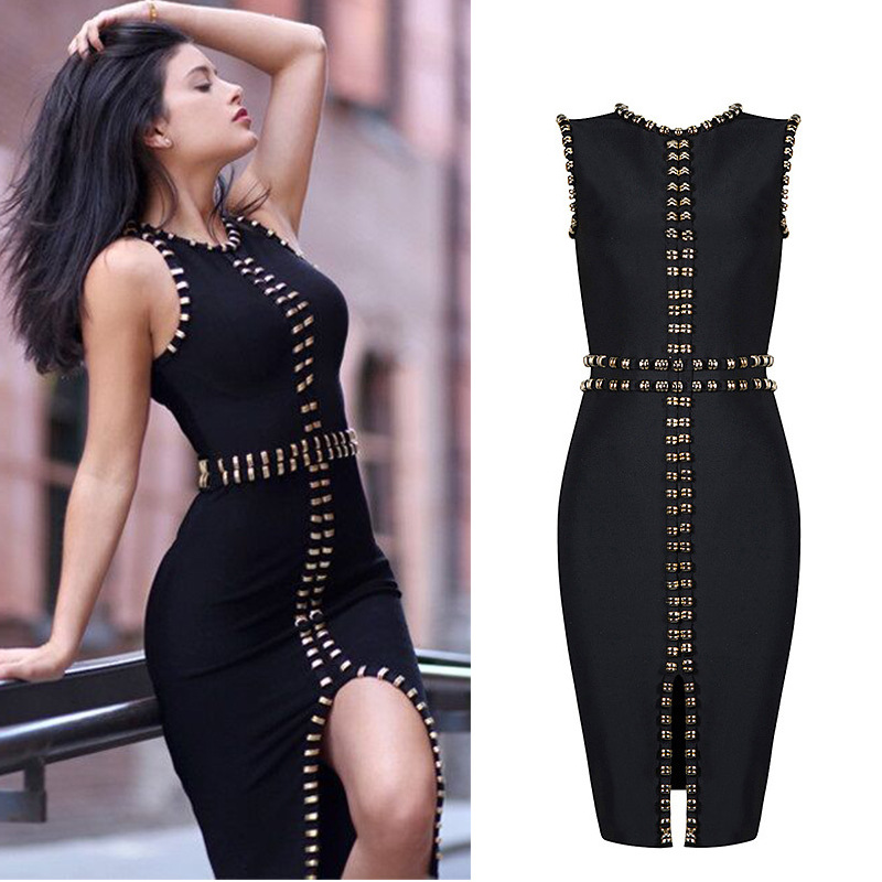 Source manufacturers bandage skirt autumn explosion European and American women's round neck sleeveless metal buckle front split AliExpress high-end