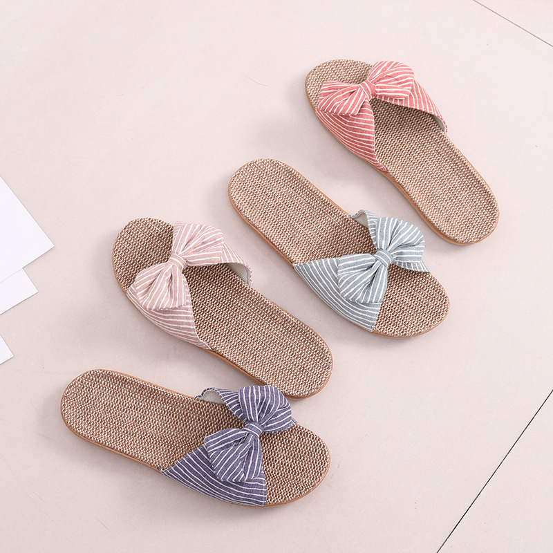 All-season open-toe linen slippers, Japanese style, EVA women's home indoor summer linen striped bow slippers, can be worn outdoors.