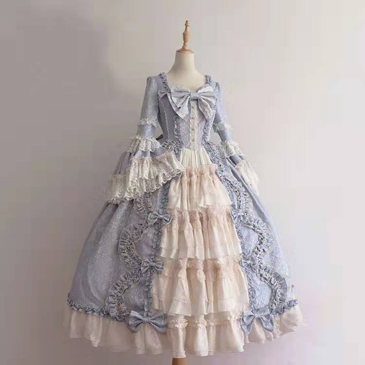 2026 Cross-Border Supply Cosplay Princess Dress with Bow Lace Chiffon Splicing Large Hem Lolita Dress