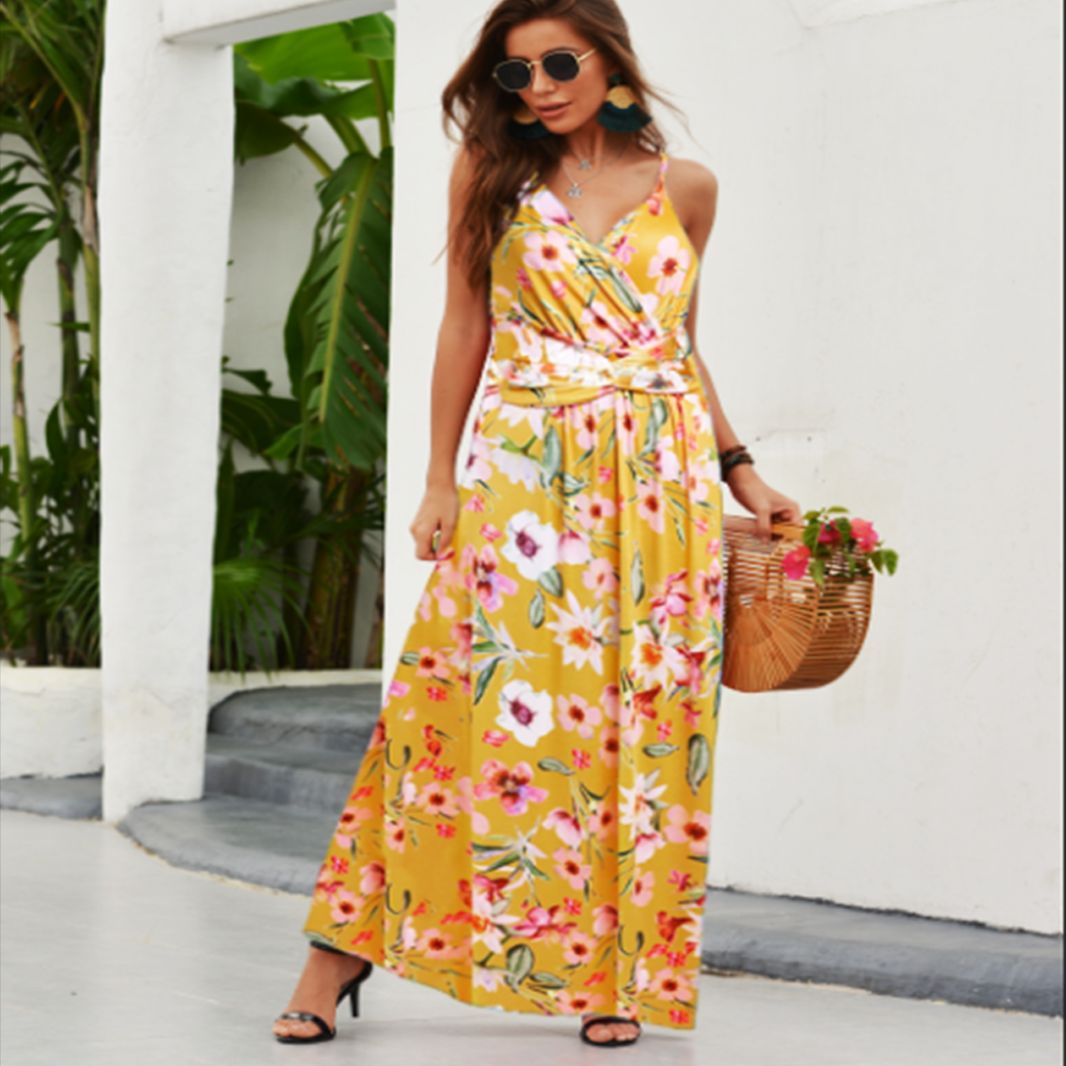2025 Cross-Border Amazon Spring and Summer New European and American Fashion V Neck Suspender Printed Beach Dress Long Skirt