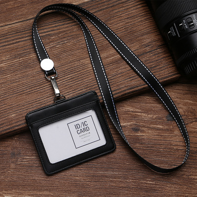 Two-Layer Genuine Cowhide Card Holder Lanyard Telescopic Buckle White-Collar Nurse Work Permit Leather Badge Holder Lanyard Employee Brand