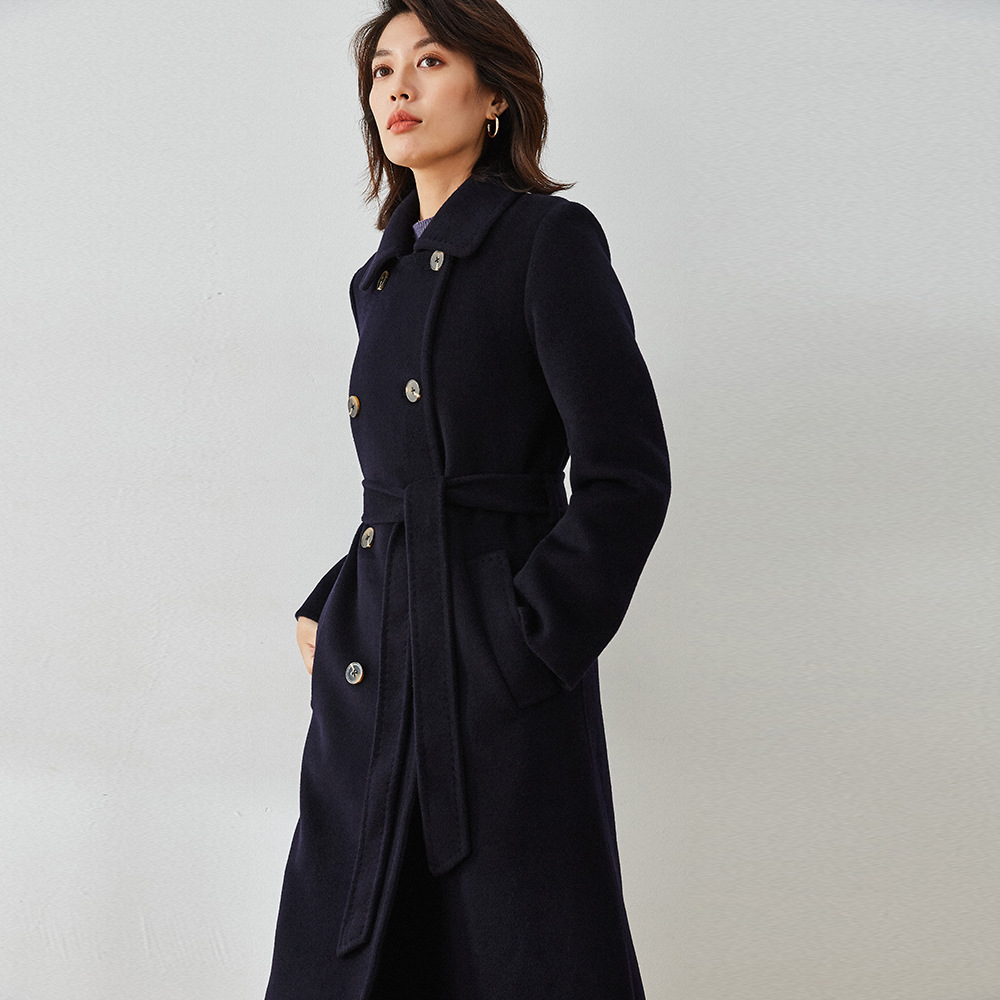 Shenghong Autumn and Winter New Style Elegant Turn-Down Collar Belted Double-Breasted Long Double-Sided Wool Coat for Women 12258