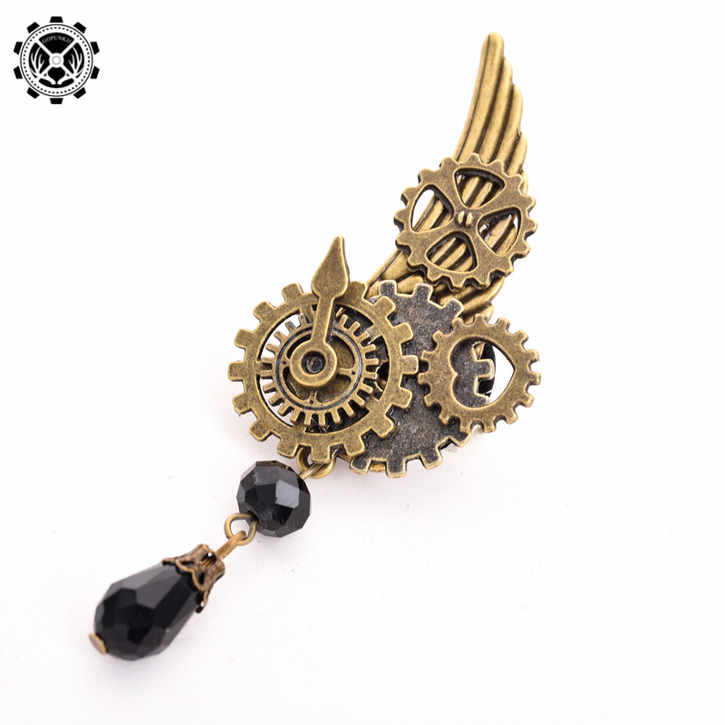 Steampunk gay brooch kill vintage gear pointer pin crystal water drop wings brooch clothing accessories