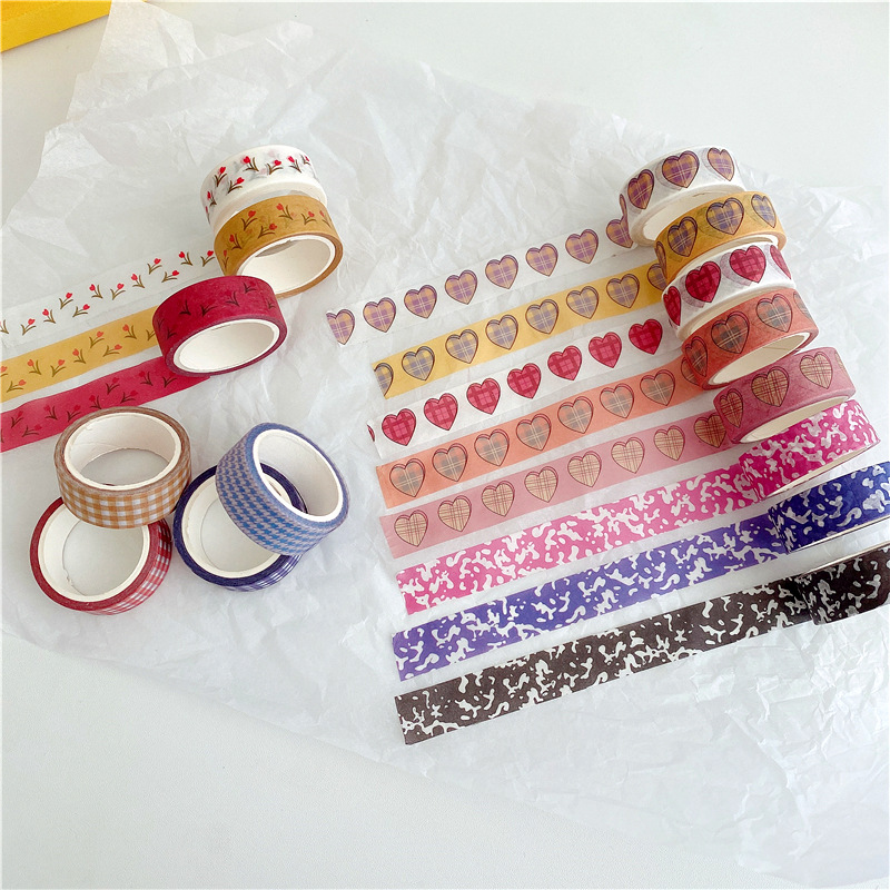 【 5m 】 Washi Tape with Milk Pattern, Checkered Fabric, Heart, and Tulip Designs, Self-Adhesive Stickers for Journaling