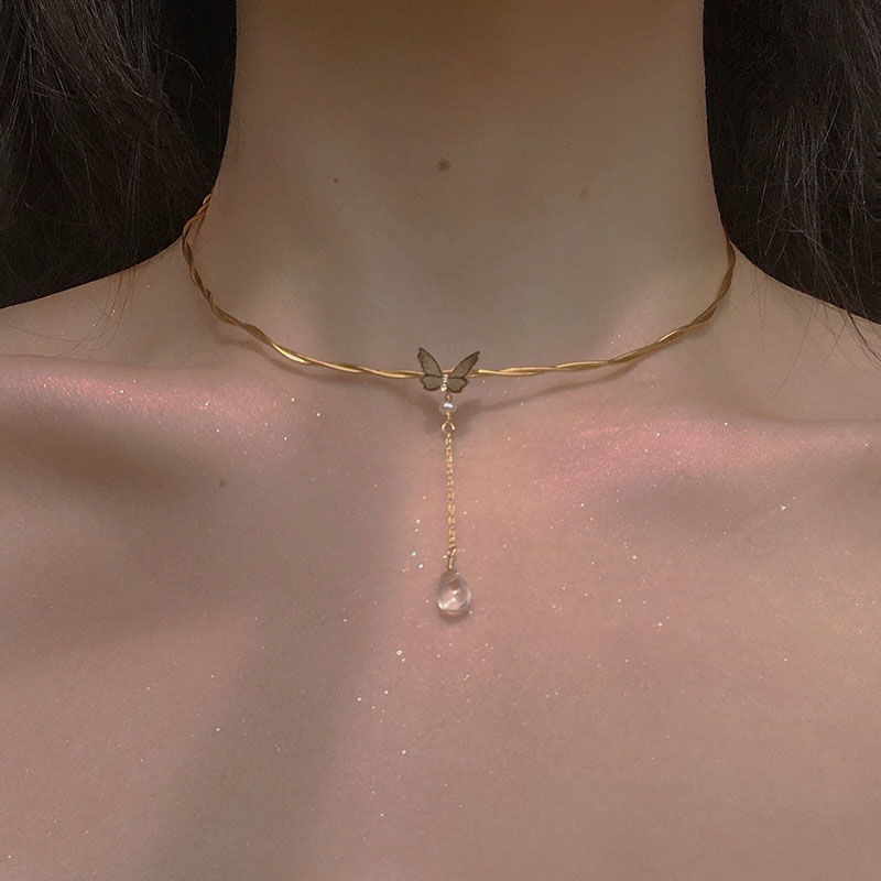 Clearance Sample, Limited Stock, French-Style Butterfly Choker for Women, Butterfly Crystal Tassel Necklace, Vintage Twist Chain