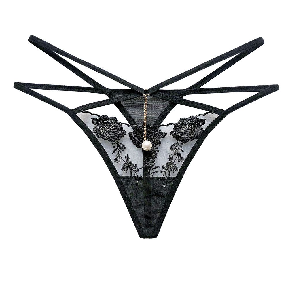 Sexy cross-cut hollowed-out pearl pendant sexy seamless see-through low-waisted hot transparent pure cotton crotch thong for women's summer