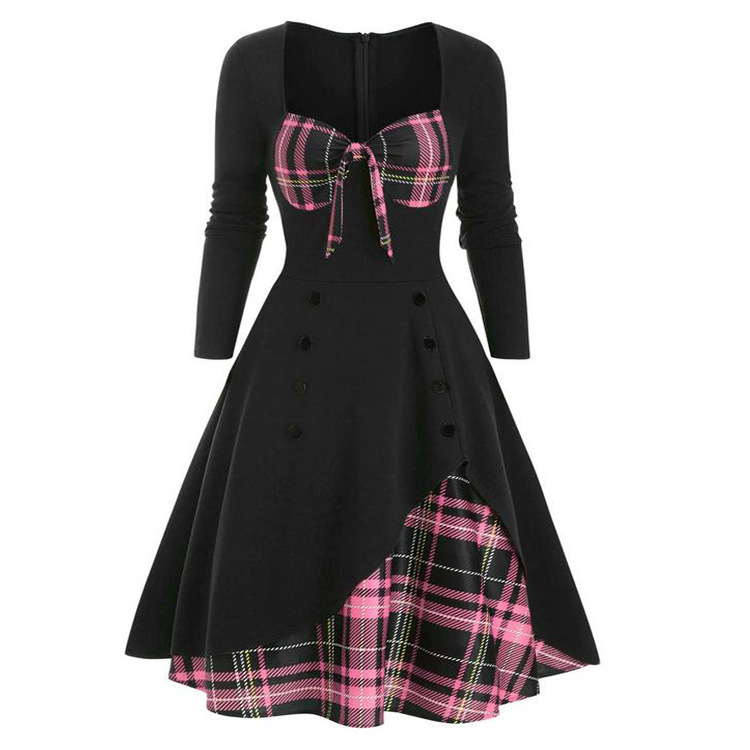 2025 Spring and Summer New Women's Contrast Color Patchwork Double-Breasted Swing Dress
