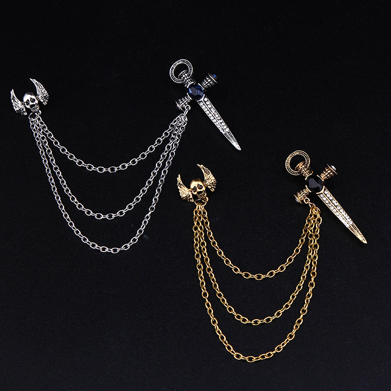 European and American Cross-border Halloween Hot Selling Chain Personalized Skull Badge Wings Sword Vampire Brooch Collar Pin