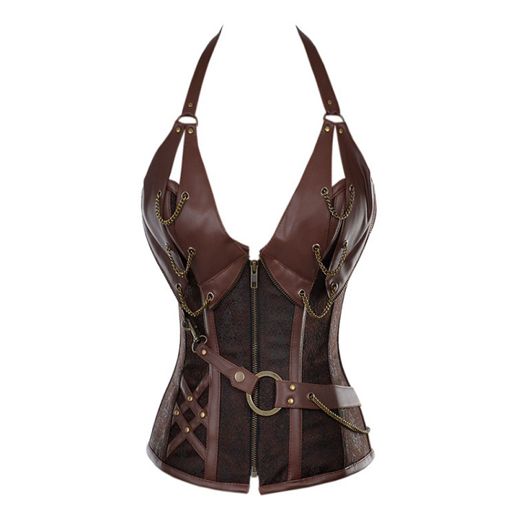 European and American Court-Style Black and Brown 14-Steel-Boned Punk Leather Corset with Belt and Halter Neck Shapewear