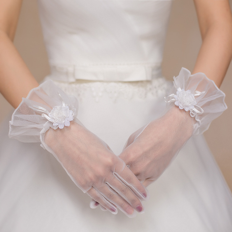 Wedding gloves wedding instrument white bridal gloves performance photo chrysanthemum short gauze gloves champagne 1006