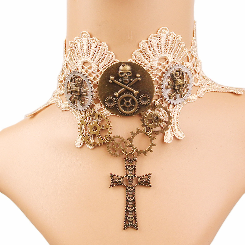 Cross-Border Jewelry Retro Steam Engine Gear Off-White Lace Skull Gothic Women's Halloween Necklace Accessories