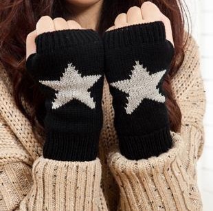 Korean style new five-pointed star short arm sleeve gloves outdoor thermal wool gloves double-layer fingerless typing gloves