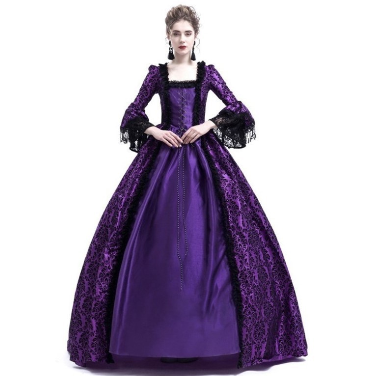 2024 Amazon wish Foreign Trade Lace Stitching Big Horn Sleeve Medieval dress Court Retro Europe and America