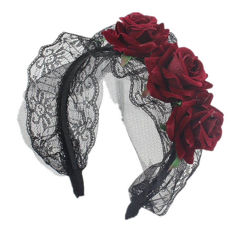 European and American Gothic Lolita headband maid lace dark headdress Halloween party headband rose flower hair accessories