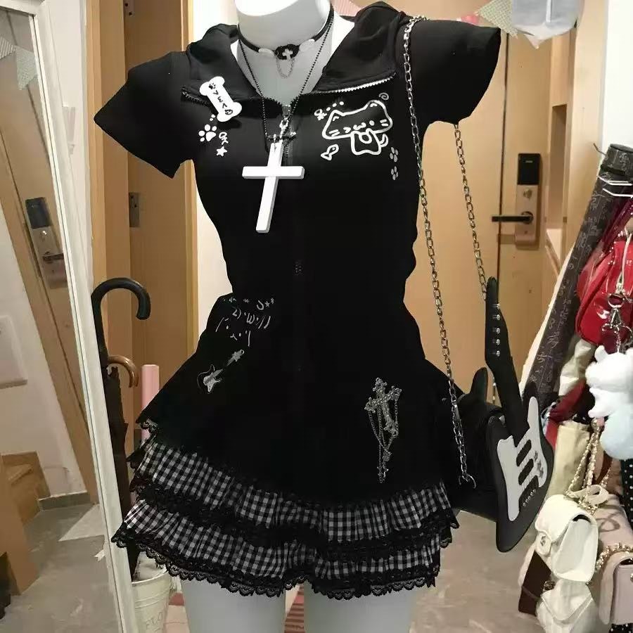 Japanese Y2K Cute and Adorable Style Jacket, Summer Loungewear, Subculture Short-Sleeve T-Shirt, Slim-Fit Slimming Top