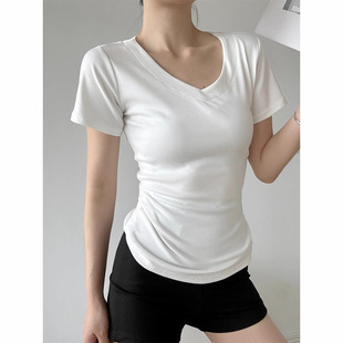 White V-Neck Short-Sleeved T-Shirt Women's Shoulder Stopped Waist Slim-Fit Top Tight Waist Inner 2025 New Summer Wear