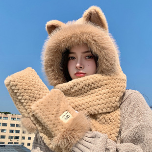 Hat scarf gloves three-piece set winter women's plush velvet scarf one-piece cycling cute fox ears ear protection