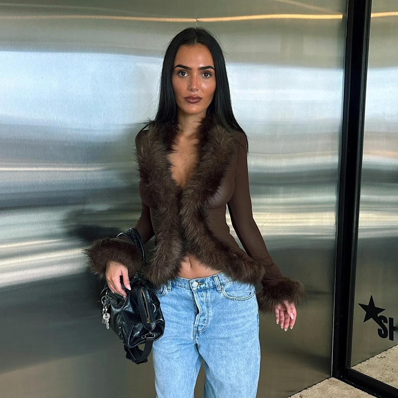Y25Tp297 European and American Women's Clothing Autumn Amazon New Solid Color Mesh Fringed Sexy Long-Sleeve Outerwear Top for Women
