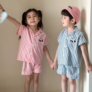 Children's Pajamas Baby's Summer Thin Cotton Striped 2025 New Boys Short-sleeved Trousers Suit Girls' Home Clothes