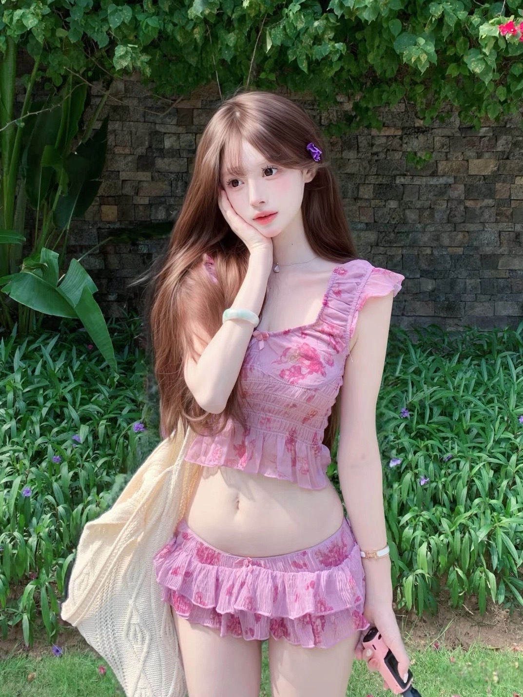 Beautiful and Alluring Thai-Style Swimwear for Women, Perfect for Summer, Featuring a Bright Island-Style Off-Shoulder Top and Low-Waist Skirt Two-Piece Set