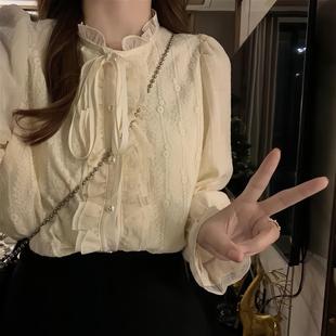 Long-sleeved shirt women's 2024 autumn new lace-up temperament all-match socialite fashion top trendy shirt