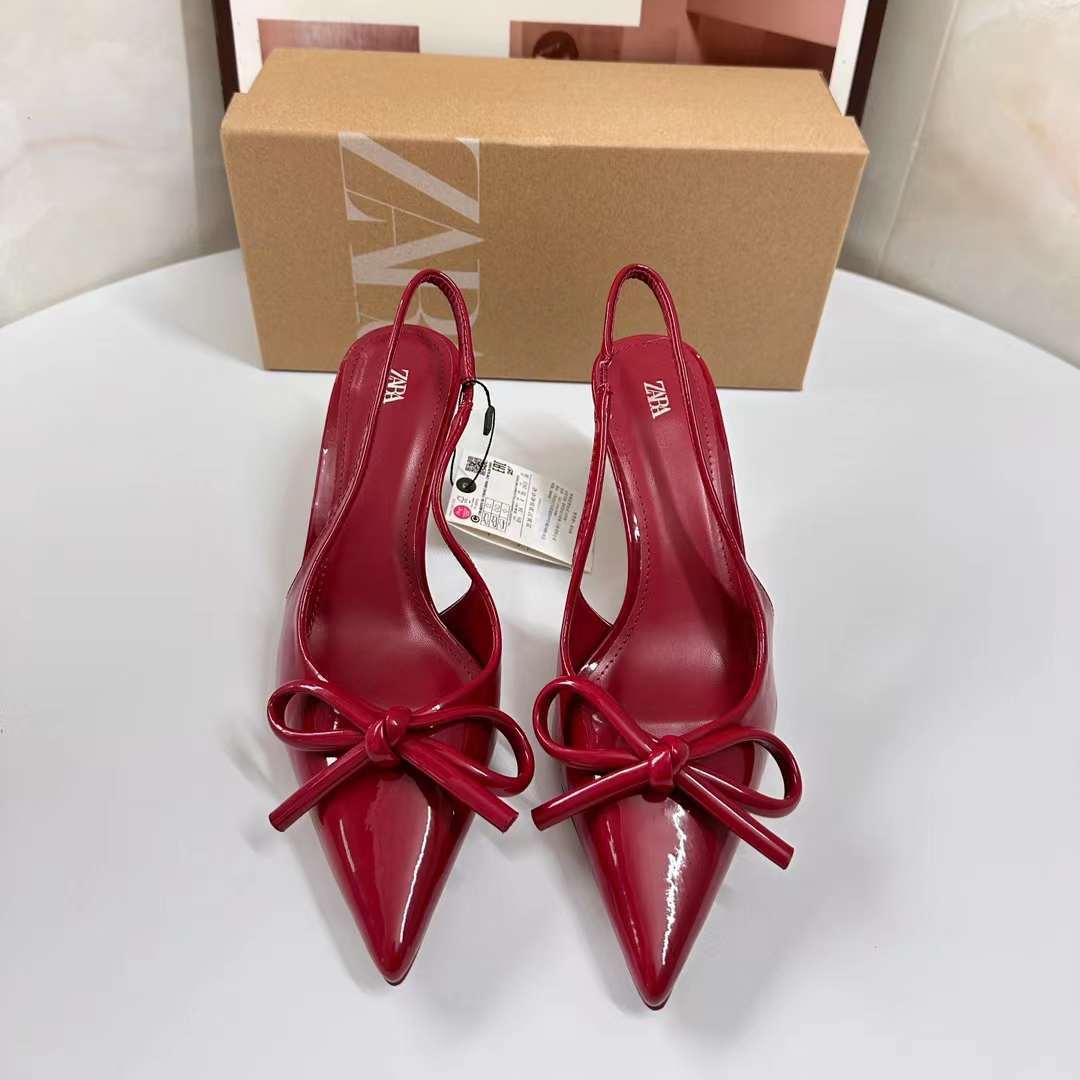 ZA Women's Shoes 2024 Autumn New Arrival Red Patent Leather Bow Pointed High Heel Post Empty-toe Sandals for Women