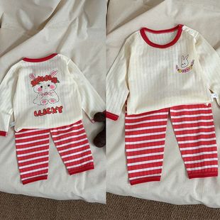 Children's Summer Boneless Thin Cotton Air-conditioning Clothing suit Baby's Jacquard Cotton Breathable Long-sleeved Home Clothes Pajamas