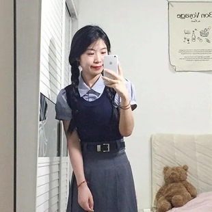 Two Pieces/suit British Academy Style Contrast Color Stitching Short Top Schoolgirl Grey Skirt Summer New Arrival