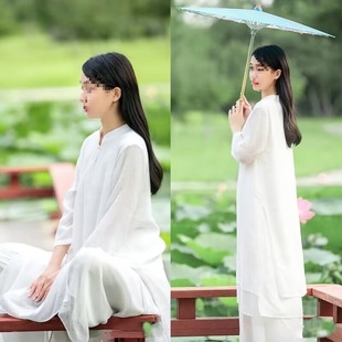 Chinese Women's Dress Cotton and Linen Mid-length Artistic Yoga Clothing Tea Clothing Zen Dance Clothing Tai Chi Clothing Female Lay Meditate