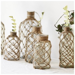 Handmade Hemp Rope Grid Glass Vase Dried Flower Flower Arranging Bottle Hydroponic Container Country Vintage American Pastoral
