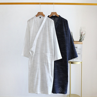 New Bathrobe Men's Long Cotton Nightgown for Spring and Summer Large Size Men's Striped Bathrobe Home Clothes Sweatshirt