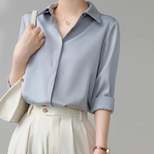 Gray Blue Satin Shirt Women's Long-sleeved Autumn All-match Dark Placket Retro Hong Kong Style Dipped Commuter Light Mature