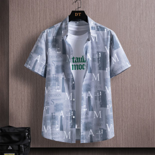 Short-sleeved Shirt Men's Summer Ice Silk Quick-drying Printed Shirt Men's American Retro Pattern Youth Handsome Inch Shirt