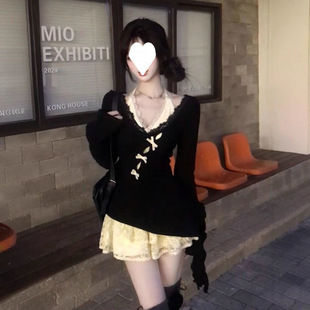 Spring and summer slim pure wind new knitted long sleeve blouse top lace dress suit bow two-piece set