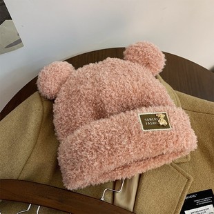 Winter New Hairy Hat Women's Thickened Warm Ear Protection Knitted Hat Big Head Cute Bear Ear Wool Hat