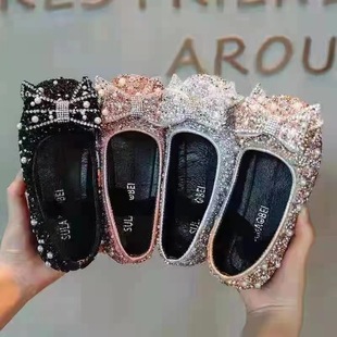 Girls' Cute Rhinestone Bow Princess Shoes 2021 Spring New Korean Style Fashionable Soft Sole Non-slip Single-layer Shoes for Students