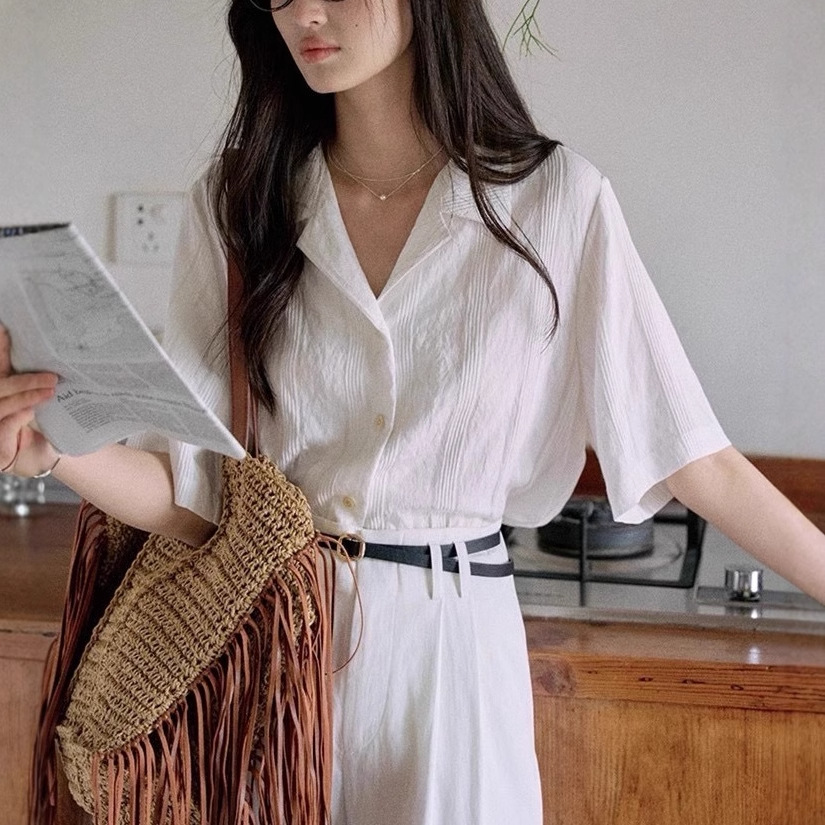 Jicouture '남양 휴가' 루즈핏 반팔 쿠바 칼라 셔츠 여성 여름 레트로 캐주얼 탑 여름용