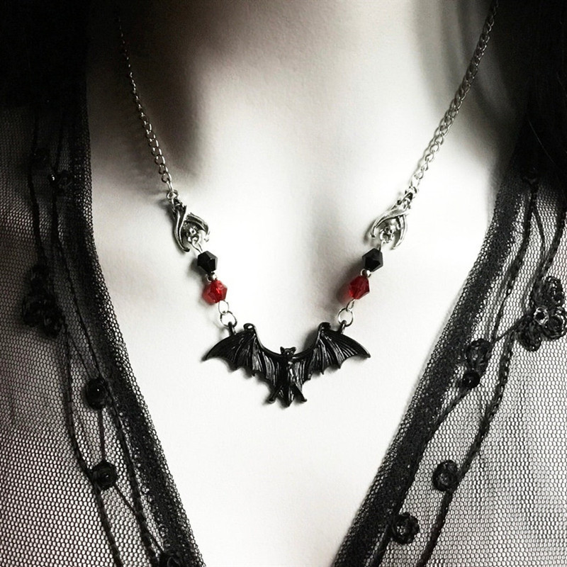 New Hot Selling Black Bat Necklace, Gothic Jewelry, Crystal Beads, Halloween Theme Horror Gift
