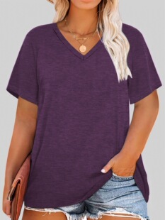 Cross-border Foreign Trade plus size Clothing European and American Casual V-neck Pullover Women's T-shirt Single Piece Stamping Plus Size Women's Clothing