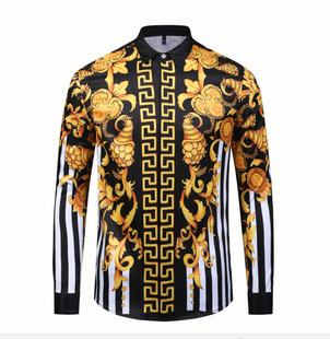 European and American Cross-border Simple Men's Long-sleeved Shirt Hawaiian Shirt Spring and Autumn 3D Digital Printed Top Slim-fit Version