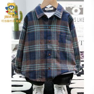 Boys' Shirts, Spring Clothes, Autumn and Winter Pure Cotton Handsome Outwears, Medium and Large Kidsren's Plaid Long-sleeved Velvet Spring & Fall K-style Shirts
