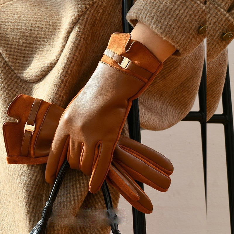 2025 New Leather Gloves for Women in Winter, Warm and Velvet, Thickened Touch Screen, Winter Driving Finger Gloves Cross-Border