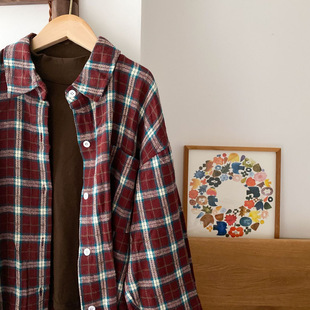 TCkids2024 Autumn and Winter Ancora Red Sanding Thickened Plaid Vintage Plaid Shirt Jacket