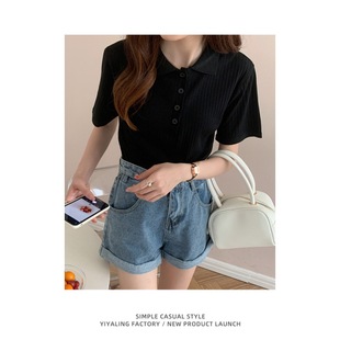 polo Collar Short-sleeved T-shirt Women's Summer ins Trendy High Waist Short Slim-fit Slimming Shoulder Top Pit Base Shirt for Women