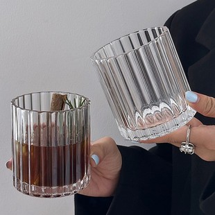 Vintage American Style Latte Ice Coffee Cup Ins Style Striped Glass Cup Cold Drink Cup Fruit Juice Cup Whiskey Wine Cup